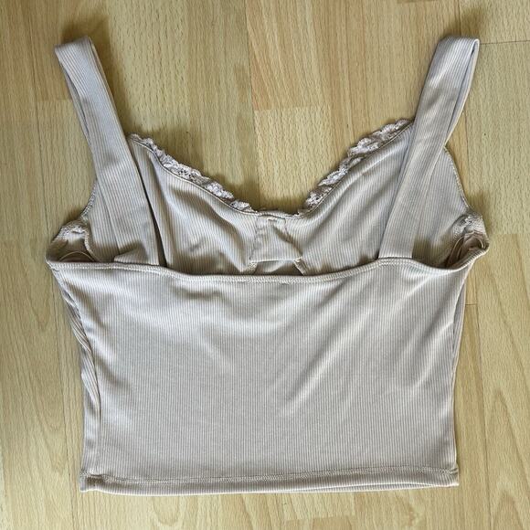Y2K Beige Ribbed Bustier Crop Lace Trim Y2K Fairy Core Size Women Large - Picture 4 of 6